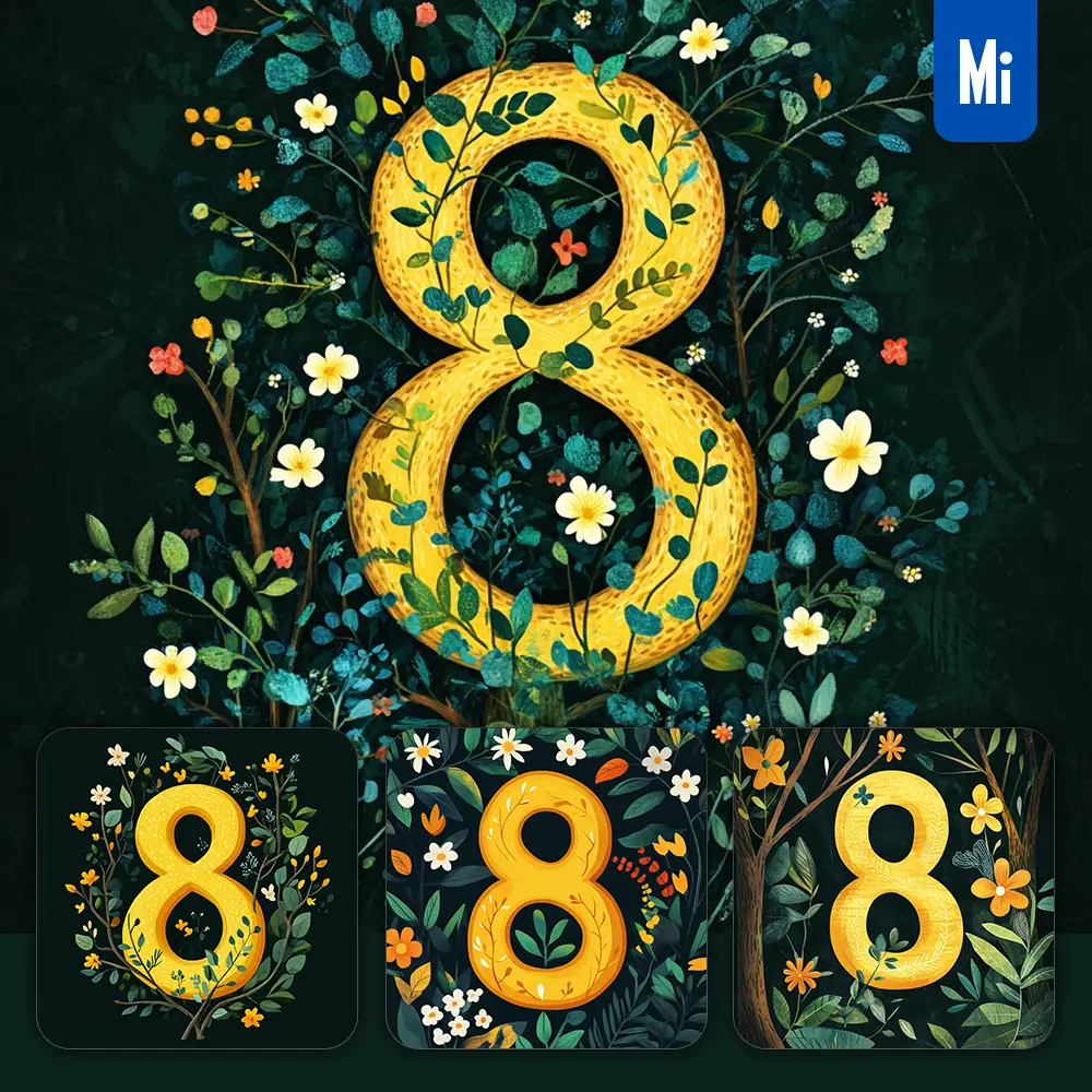 Midjourney Prompt 8 Number Text Yellow Leaf Leaves Tree Branches Illustration Vector Drawing