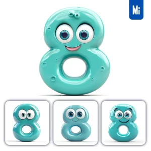 Midjourney Prompt 8 Cyan Number Cute Cartoon 3D Smile Eyes Icon