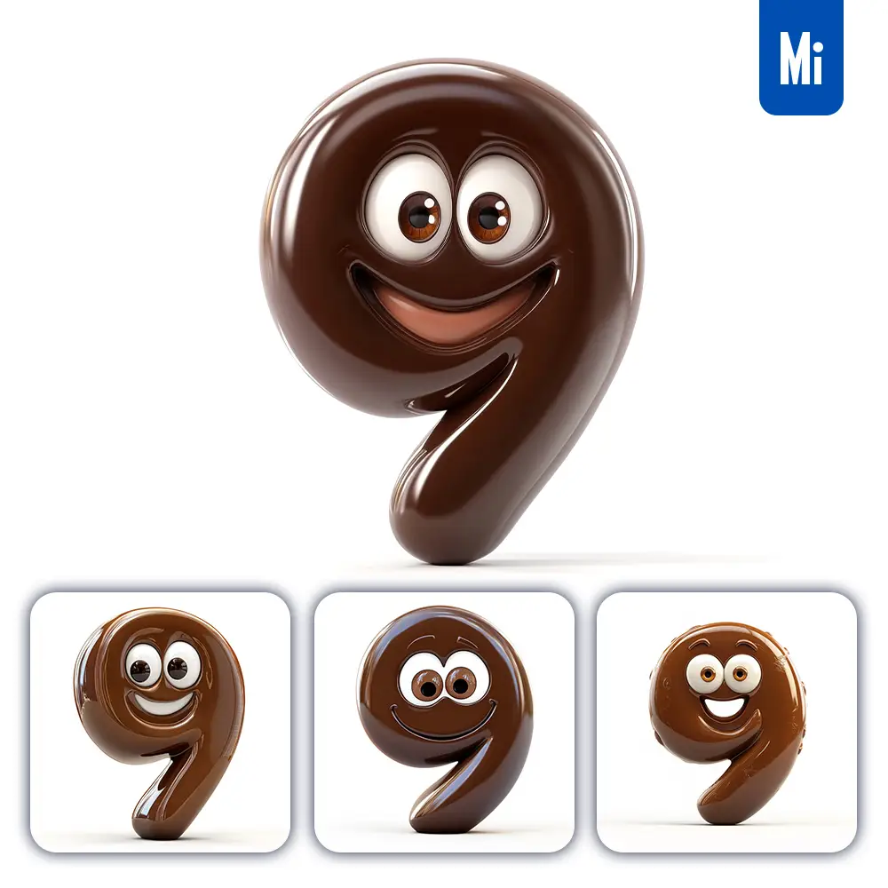 Midjourney Prompt 9 Brown Number Cute Cartoon 3D Smile Eyes Icon