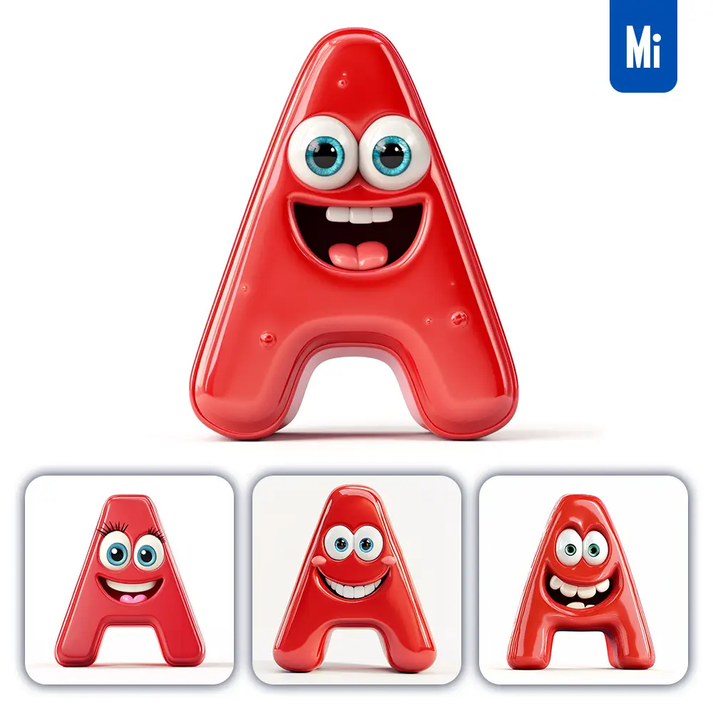 Midjourney Prompt a Red Capital Letter Cute Cartoon 3D Smile Eyes Icon