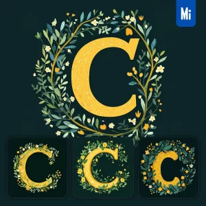 Midjourney Prompt C Letter Text Yellow Leaf Leaves Tree Branches Illustration Vector Drawing