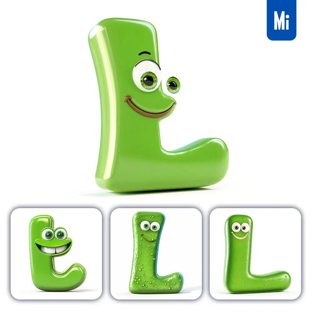 Midjourney Prompt L Green Capital Letter Cute Cartoon 3D Smile Eyes Icon