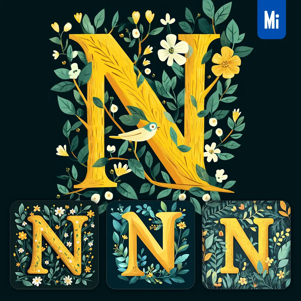 Midjourney Prompt N Letter Text Yellow Leaf Leaves Tree Branches Illustration Vector Drawing