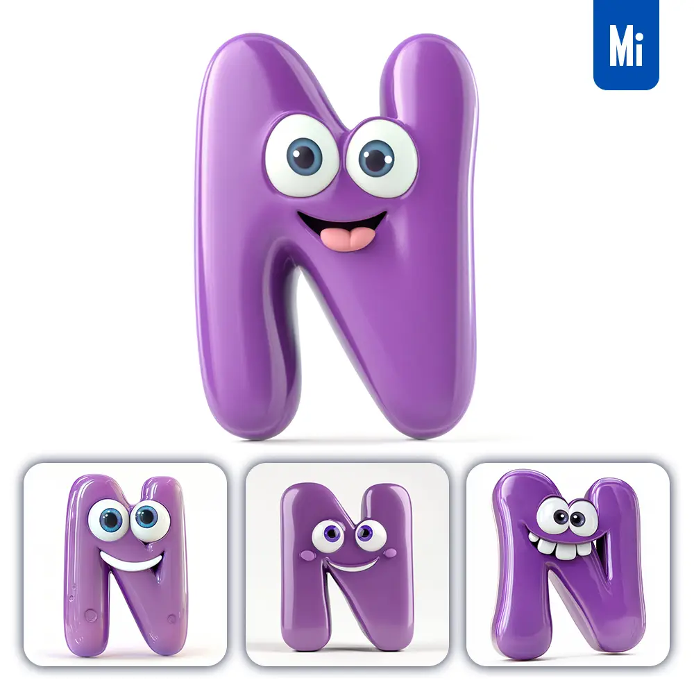 Midjourney Prompt N Purple Capital Letter Cute Cartoon 3D Smile Eyes Icon