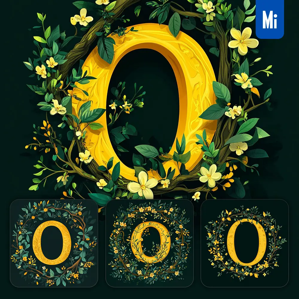 Midjourney Prompt O Letter Text Yellow Leaf Leaves Tree Branches Illustration Vector Drawing