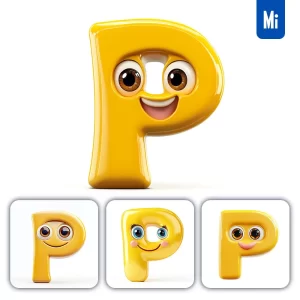Midjourney Prompt P Yellow Capital Letter Cute Cartoon 3D Smile Eyes Icon