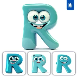 Midjourney Prompt R Cyan Capital Letter Cute Cartoon 3D Smile Eyes Icon