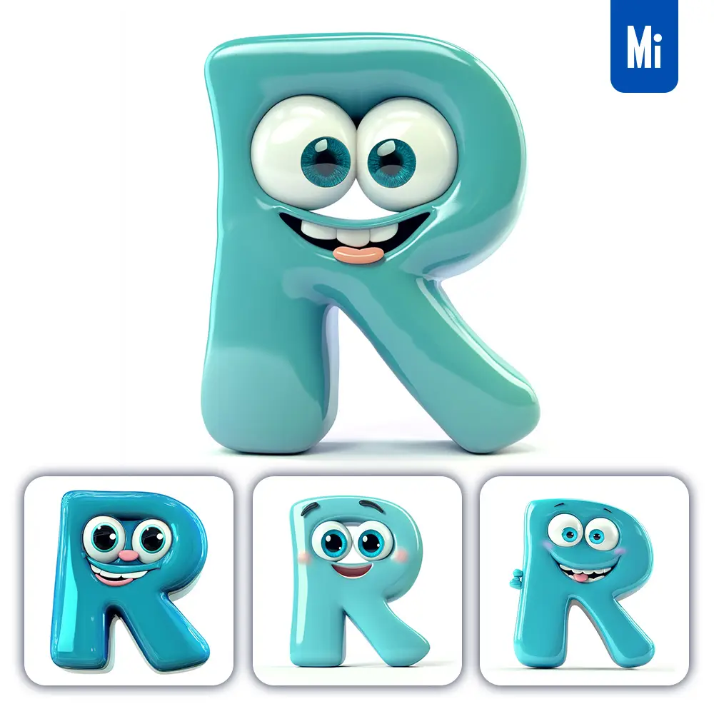 Midjourney Prompt R Cyan Capital Letter Cute Cartoon 3D Smile Eyes Icon