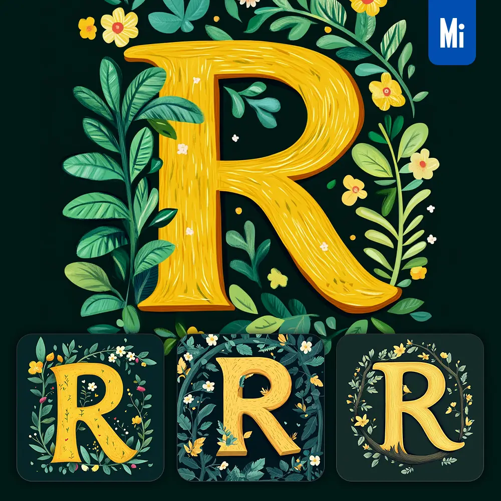 Midjourney Prompt R Letter Text Yellow Leaf Leaves Tree Branches Illustration Vector Drawing