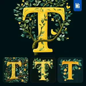 Midjourney Prompt T Letter Text Yellow Leaf Leaves Tree Branches Illustration Vector Drawing