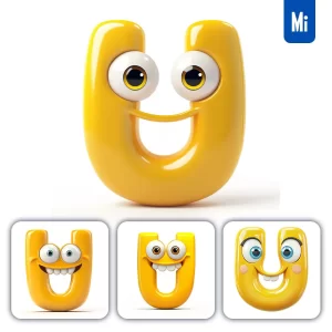 Midjourney Prompt U Yellow Capital Letter Cute Cartoon 3D Smile Eyes Icon