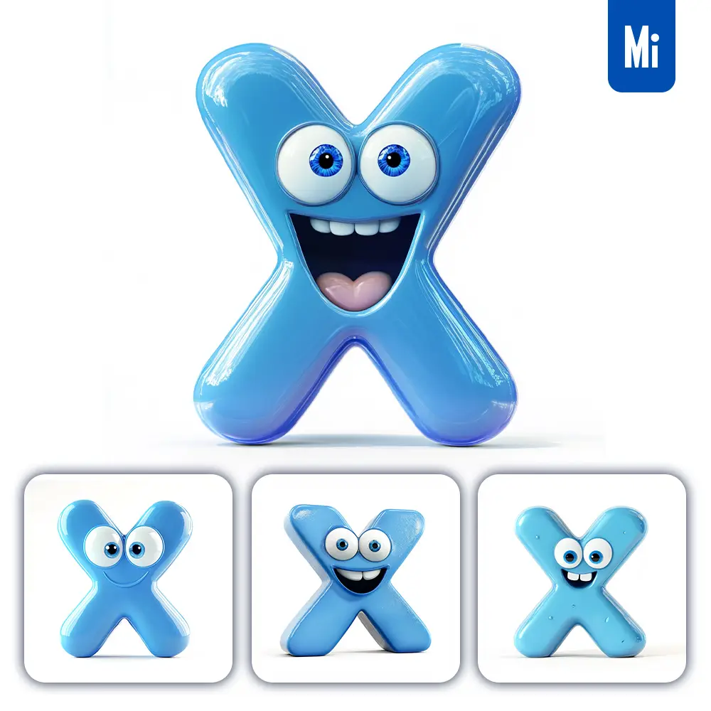 Midjourney Prompt X Blue Capital Letter Cute Cartoon 3D Smile Eyes Icon