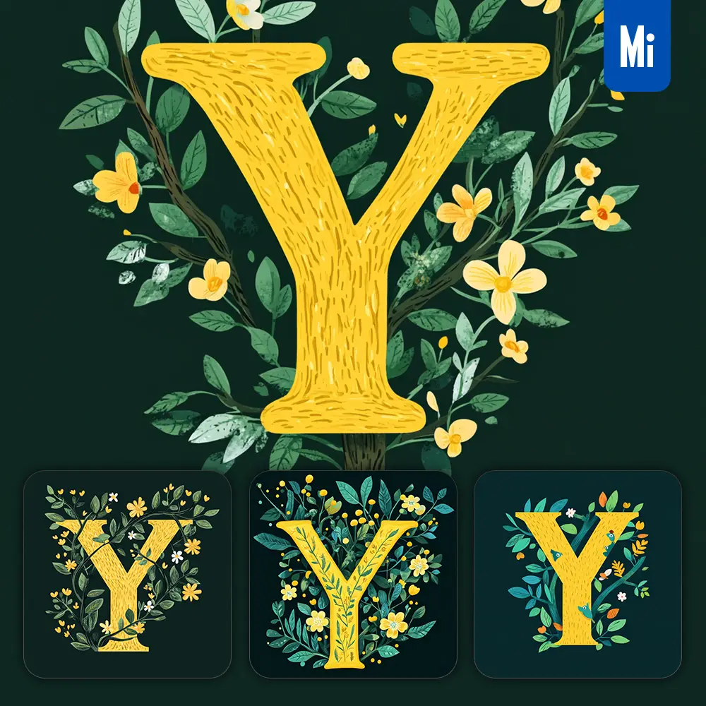 Midjourney Prompt Y Letter Text Yellow Leaf Leaves Tree Branches Illustration Vector Drawing