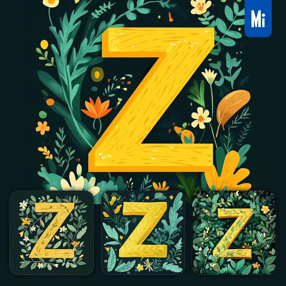 Midjourney Prompt Z Letter Text Yellow Leaf Leaves Tree Branches Illustration Vector Drawing