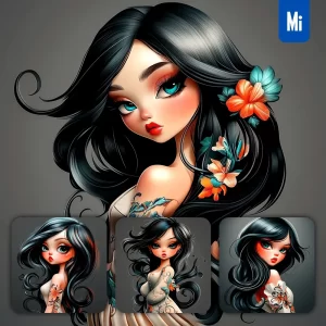 Midjourney Prompt Girl Woman Female Lady Shoulder Embroidered Skirt Portrait Cartoon Illustration