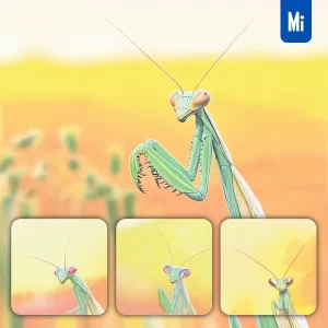 Midjourney Prompt Green Mantis Yellow Close Up Photography