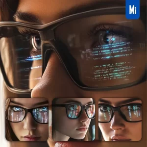Midjourney Prompt Woman Girl Face Technology Screen Code Glasses Internet Hacker Close Up Macro Photography