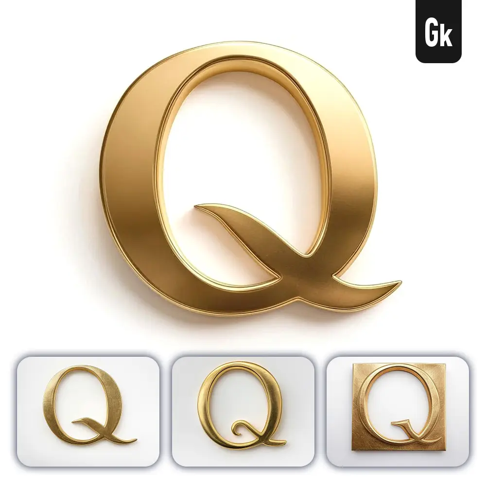 Grok Prompt Q Letter Logo 3D Rendering Gold Golden Metal