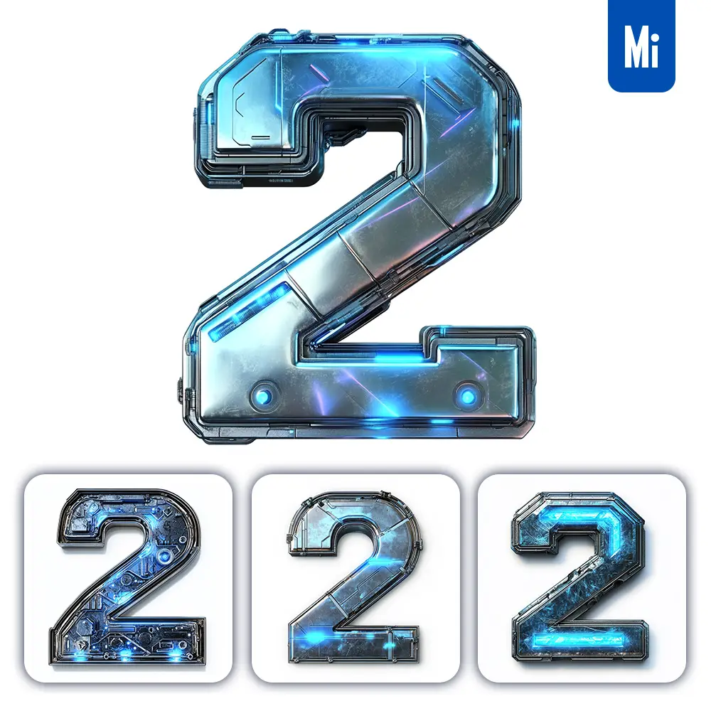 Midjourney Prompt 2 Number Cyberpunk Steel Technology Futuristic 3D Blue