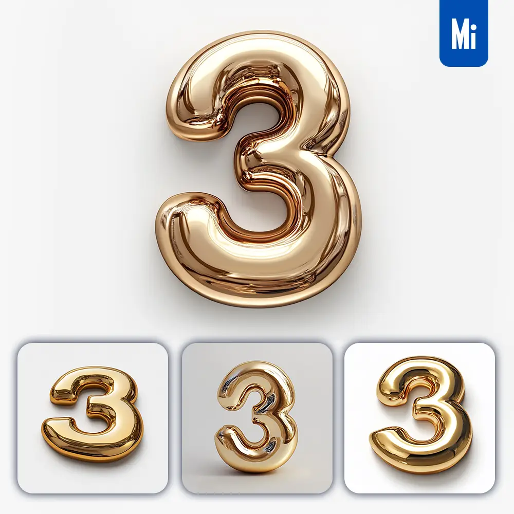 Midjourney Prompt 3 Number Gold Golden Single Smooth Glossy 3D Rendering