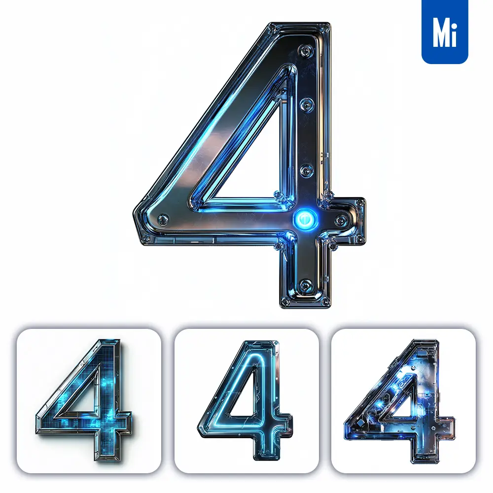 Midjourney Prompt 4 Number Cyberpunk Steel Technology Futuristic 3D Blue