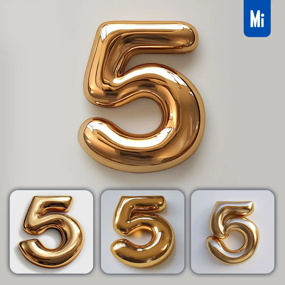 Midjourney Prompt 5 Number Gold Golden Single Smooth Glossy 3D Rendering