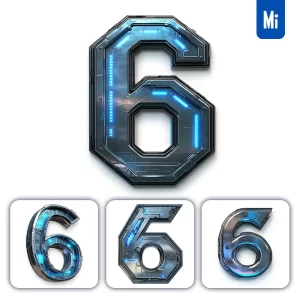 Midjourney Prompt 6 Number Cyberpunk Steel Technology Futuristic 3D Blue
