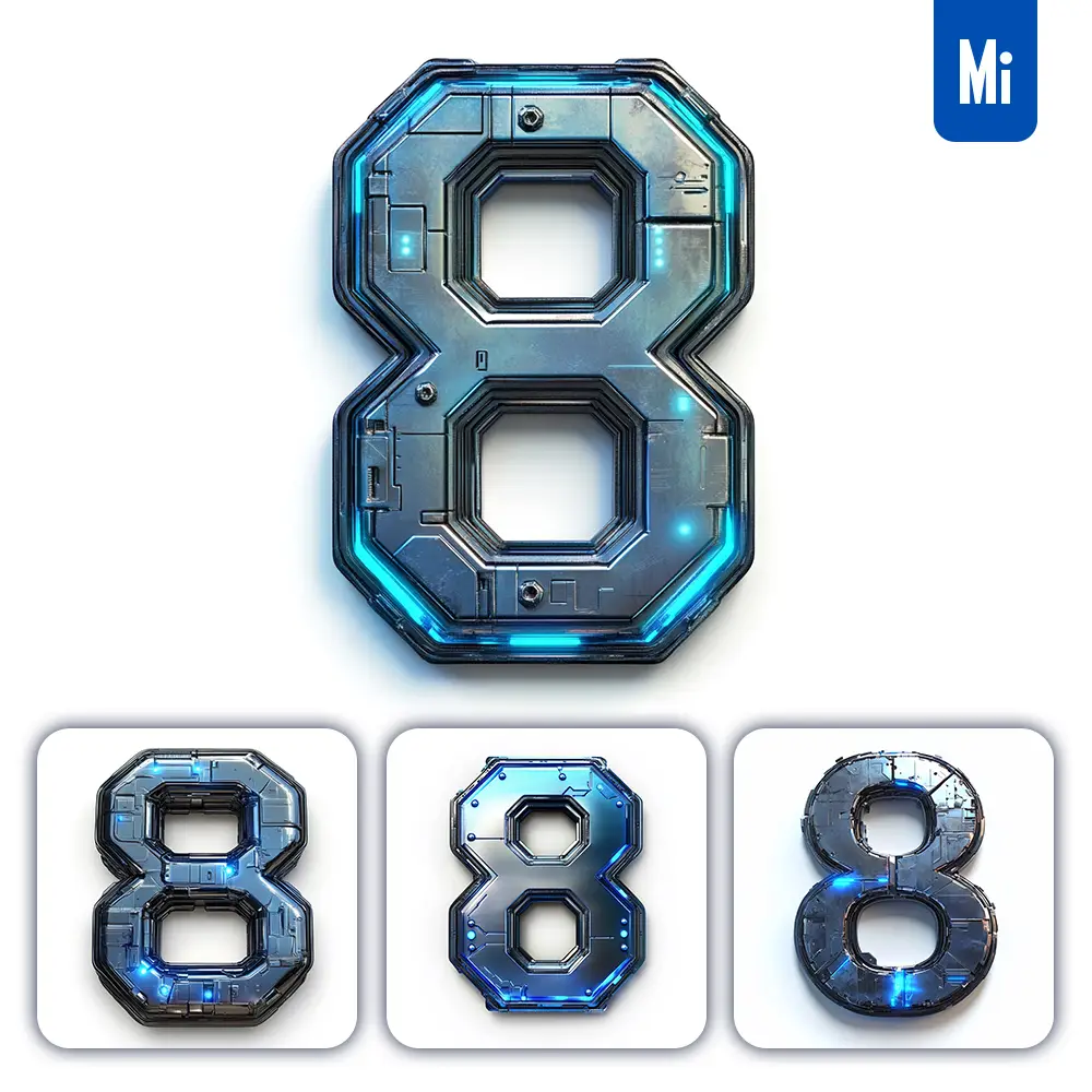 Midjourney Prompt 8 Number Cyberpunk Steel Technology Futuristic 3D Blue
