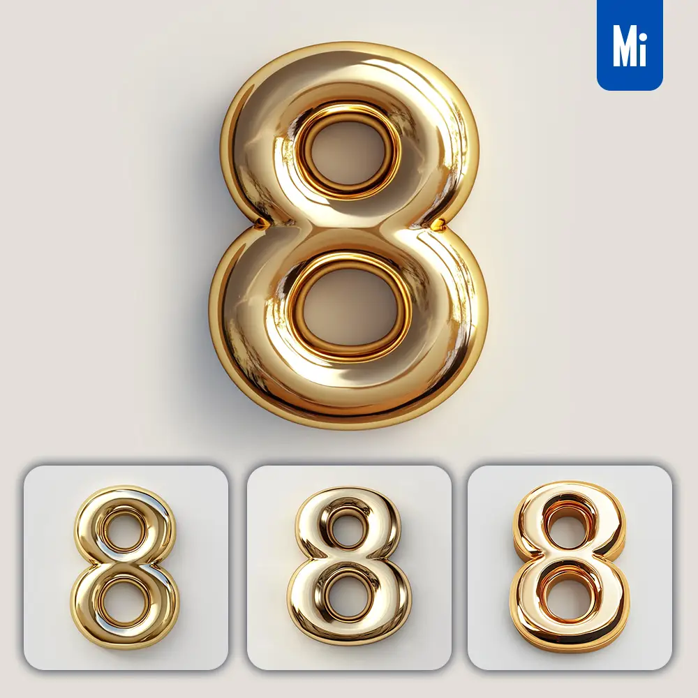 Midjourney Prompt 8 Number Gold Golden Single Smooth Glossy 3D Rendering