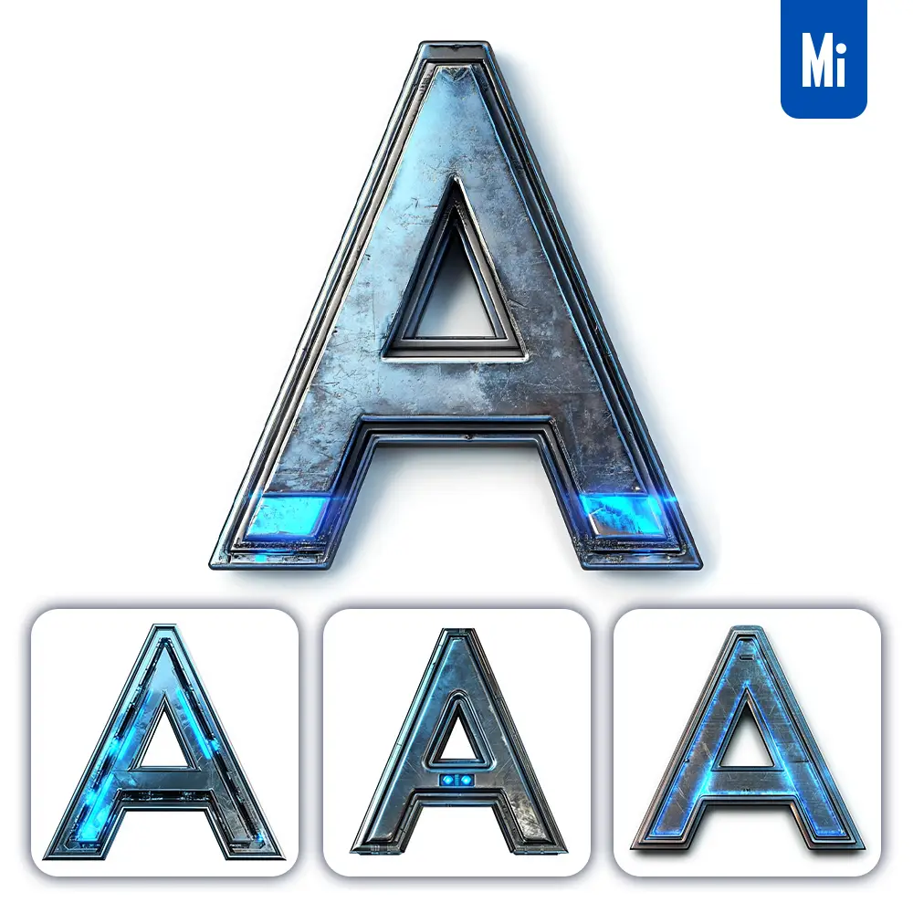 Midjourney Prompt a Letter Cyberpunk Steel Technology Futuristic 3D Blue
