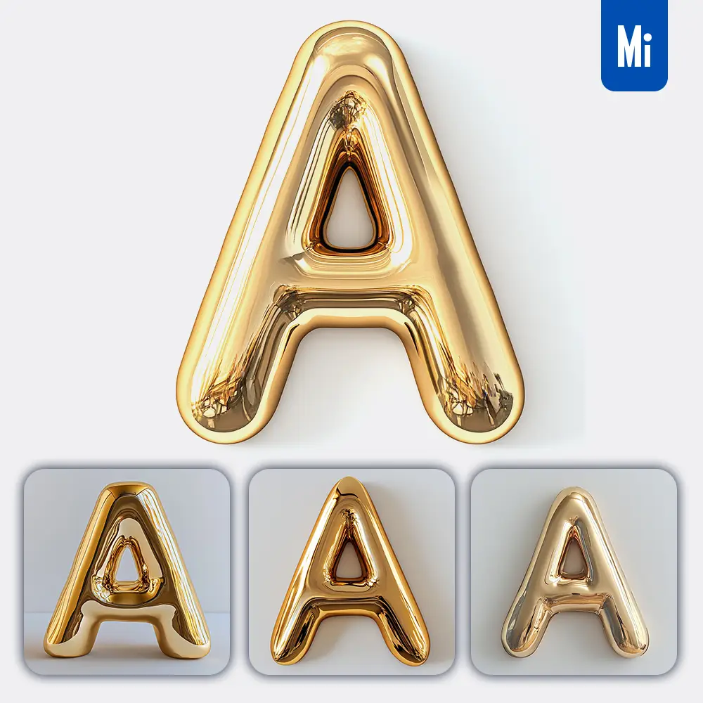 Midjourney Prompt a Letter Gold Golden Single Smooth Glossy 3D Rendering