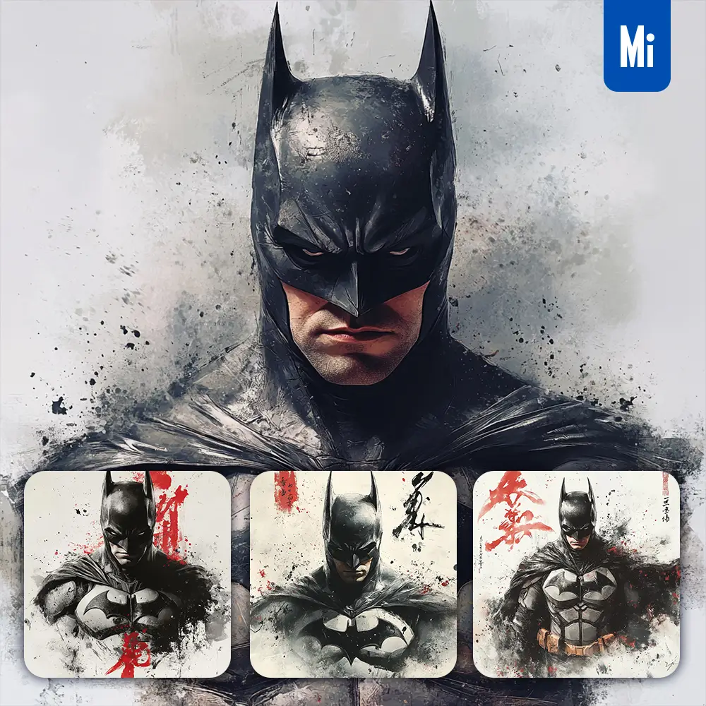 Midjourney Prompt Batman DC Comics Front Portrait Chinese Ink Painting Brush Strokes Pose Traditional Artistic Monochrome