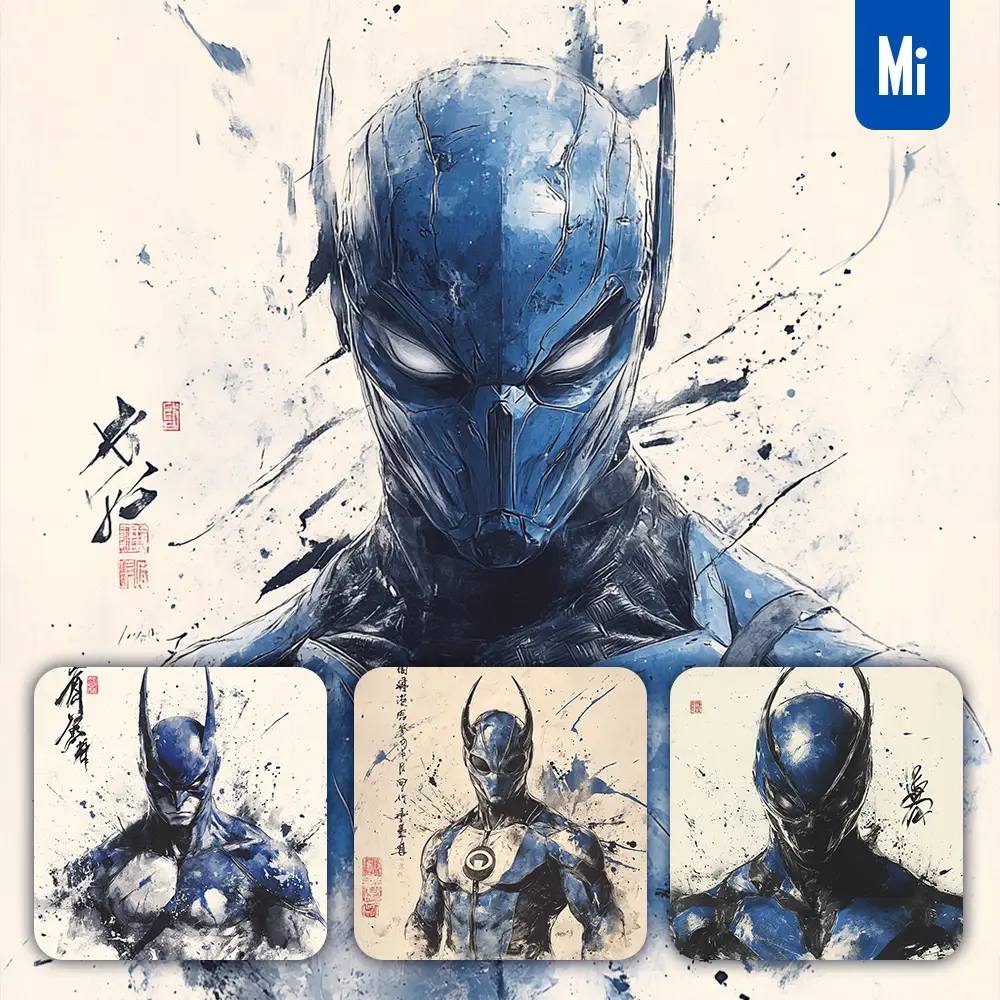 Midjourney Prompt Blue Beetle DC Comics Front Portrait Chinese Ink Painting Brush Strokes Pose Traditional Artistic Monochrome