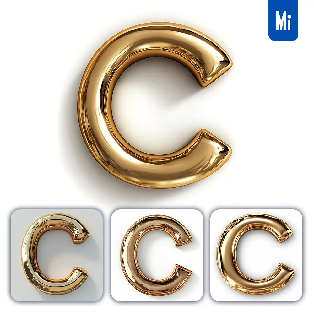 Midjourney Prompt C Letter Gold Golden Single Smooth Glossy 3D Rendering