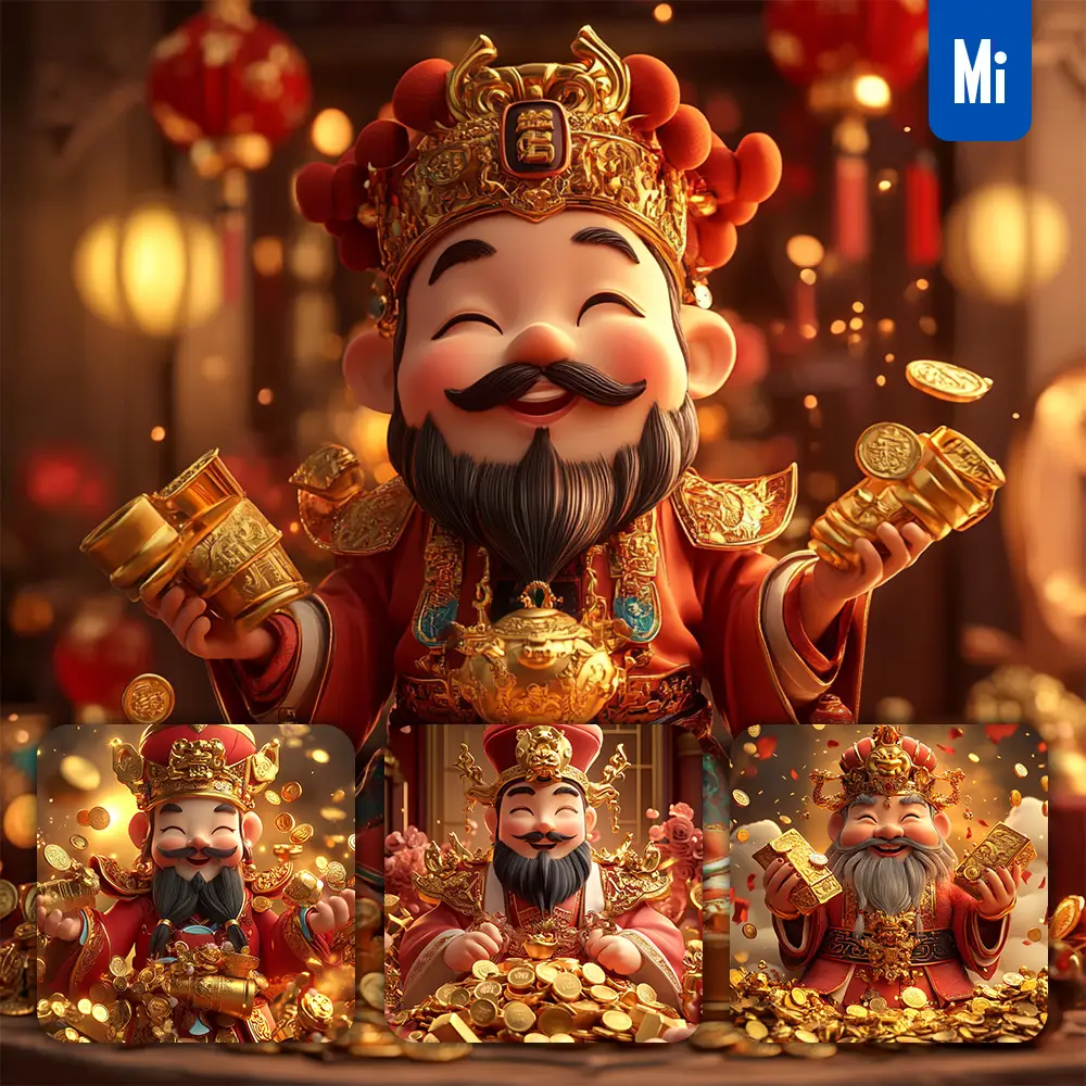 Midjourney Prompt Chinese Portrait God of Wealth 3D Rendering Cartoon Cute Golden Coin Money Red Envelope