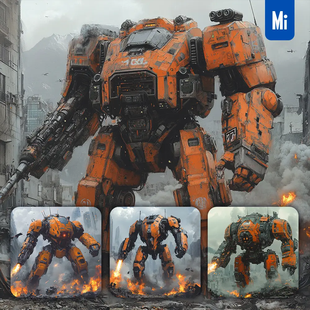 Midjourney Prompt Coyote Tango Mecha Combat Sci-fi Heroic War Machine Painting Character Design Setting Science Fiction Action Fight