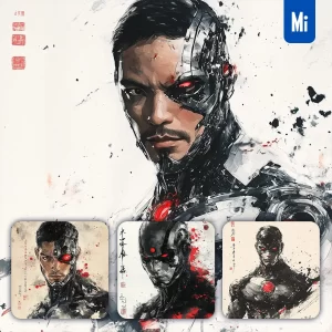 Midjourney Prompt Cyborg DC Comics Front Portrait Chinese Ink Painting Brush Strokes Pose Traditional Artistic Monochrome