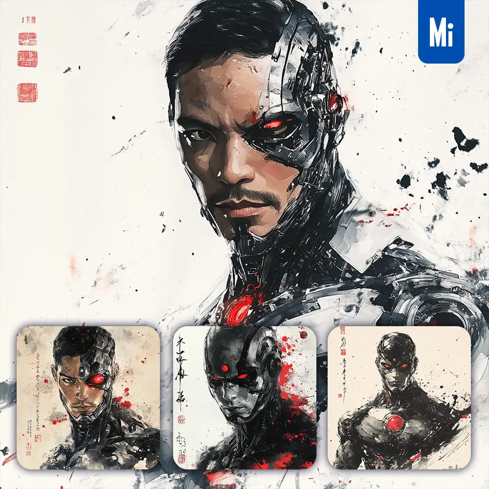 Midjourney Prompt Cyborg DC Comics Front Portrait Chinese Ink Painting Brush Strokes Pose Traditional Artistic Monochrome
