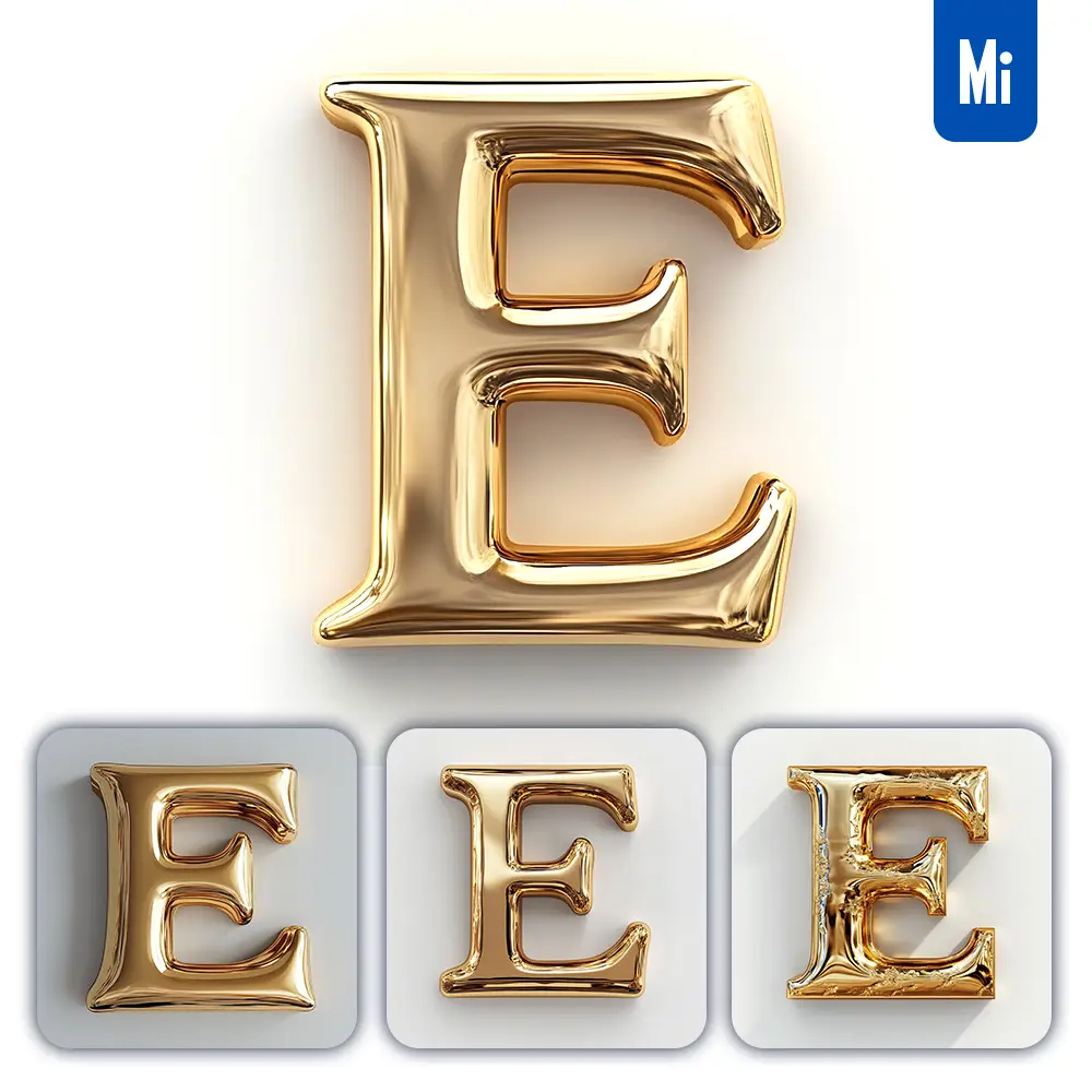 Midjourney Prompt E Letter Gold Golden Single Smooth Glossy 3D Rendering