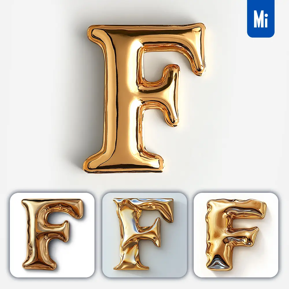 Midjourney Prompt F Letter Gold Golden Single Smooth Glossy 3D Rendering