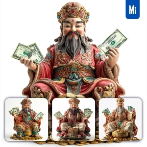 Midjourney Prompt God of Wealth Gold Coin Dollar 3D Statue Money