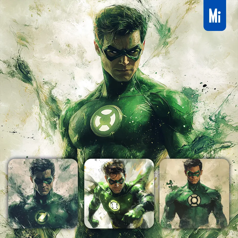 Midjourney Prompt Green Lantern DC Comics Front Portrait Chinese Ink Painting Brush Strokes Pose Traditional Artistic Monochrome
