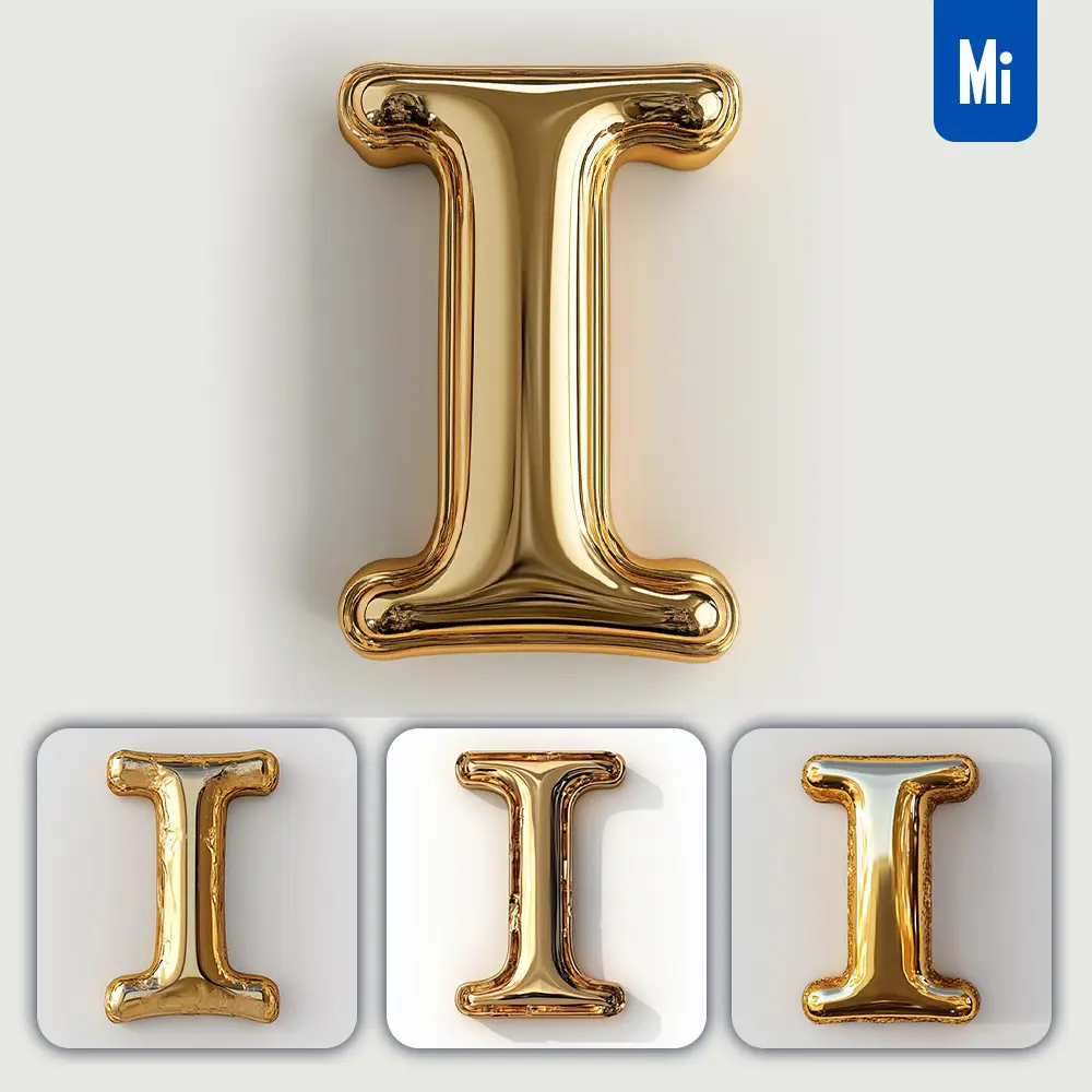 Midjourney Prompt I Letter Gold Golden Single Smooth Glossy 3D Rendering