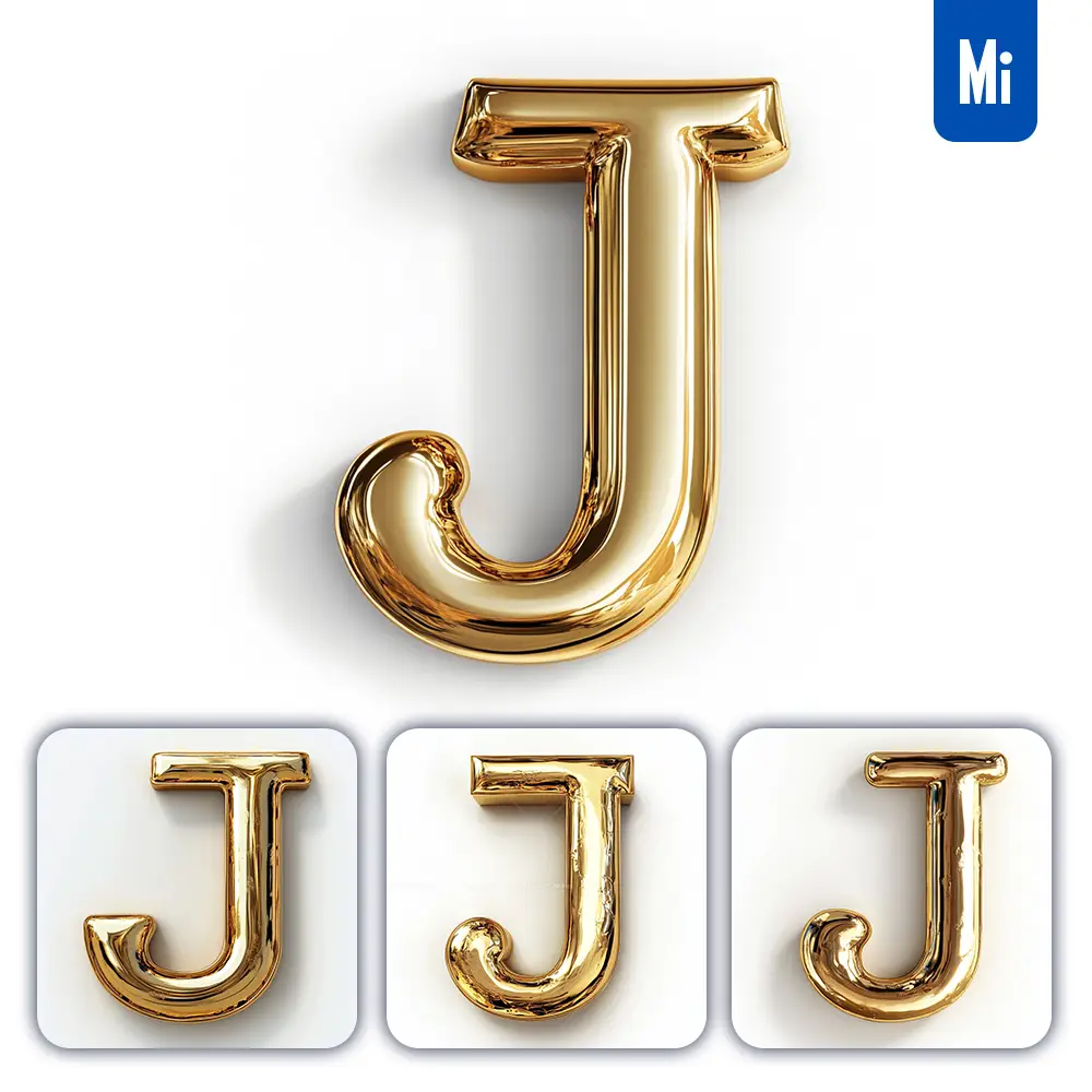 Midjourney Prompt J Letter Gold Golden Single Smooth Glossy 3D Rendering