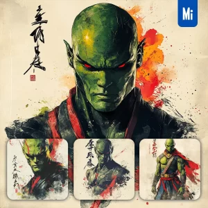 Midjourney Prompt Martian Manhunter DC Comics Front Portrait Chinese Ink Painting Brush Strokes Pose Traditional Artistic Monochrome