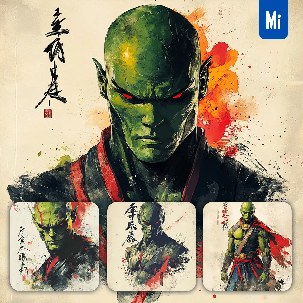 Midjourney Prompt Martian Manhunter DC Comics Front Portrait Chinese Ink Painting Brush Strokes Pose Traditional Artistic Monochrome