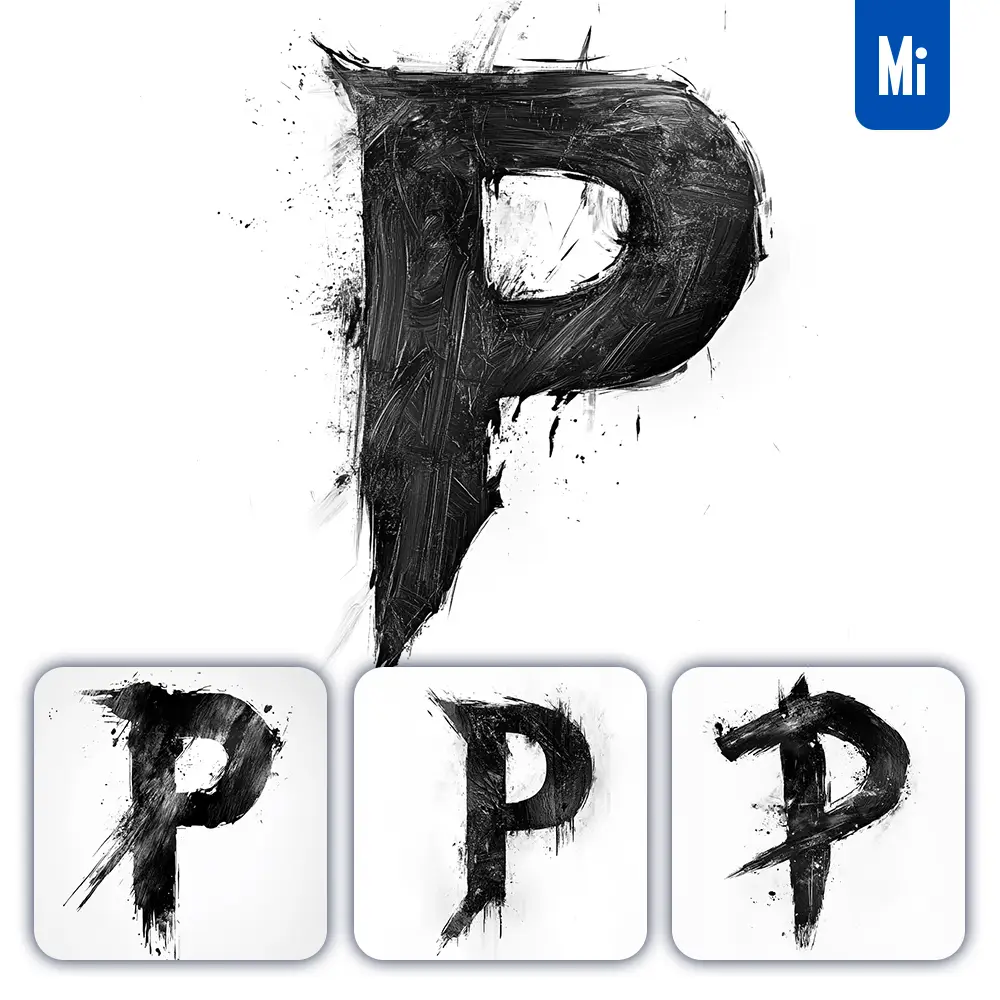 Midjourney Prompt P Letter Black White Chinese Ink Brushstroke Calligraphy Brush Painting
