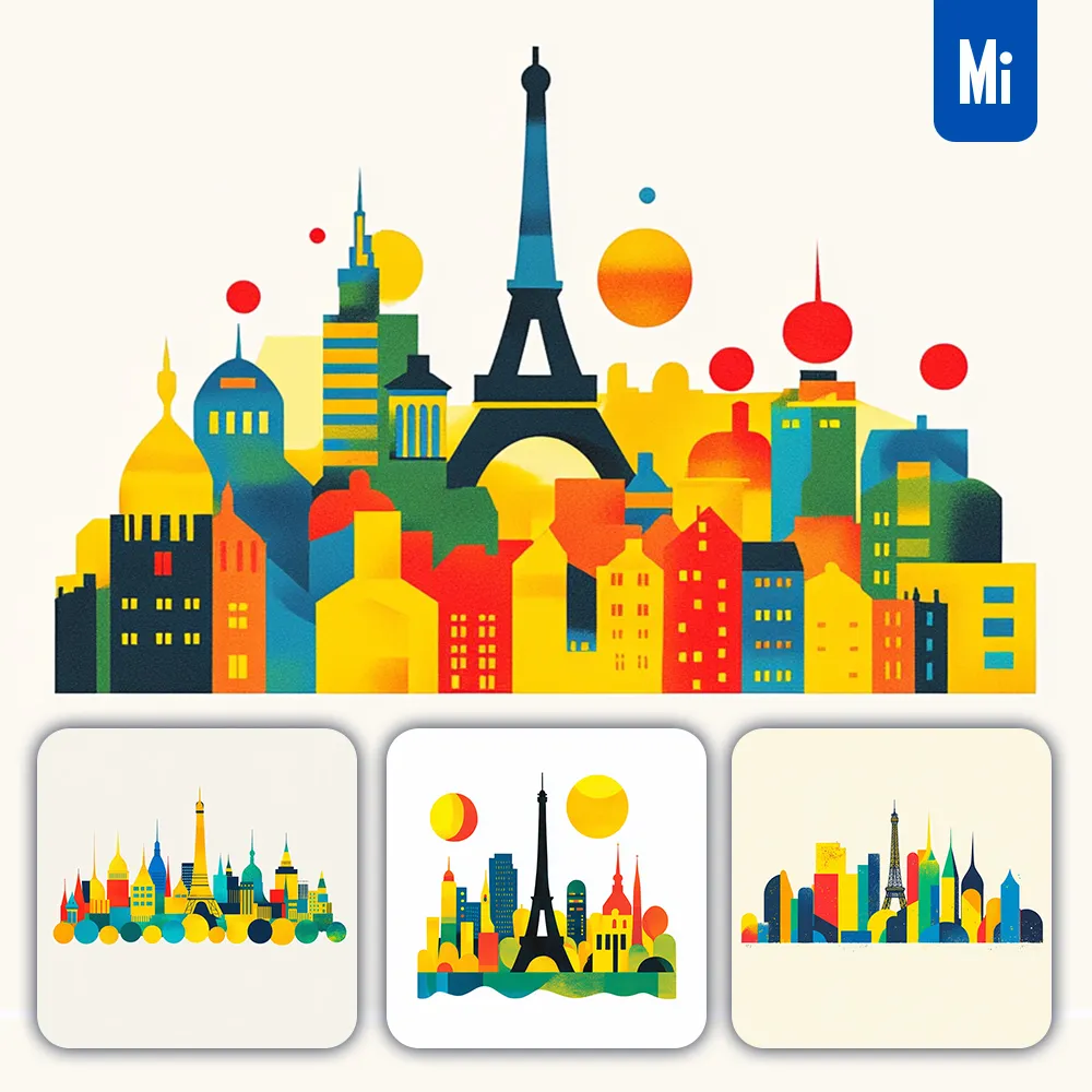 Midjourney Prompt Paris City Skyline Vector Cartoon Colorful Illustration
