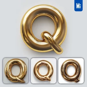 Midjourney Prompt Q Letter Gold Golden Single Smooth Glossy 3D Rendering