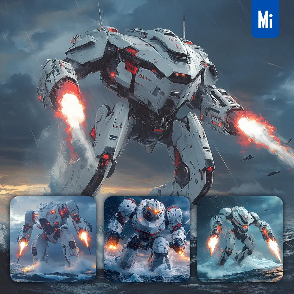 Midjourney Prompt Striker Eureka Mecha Combat Sci-fi Heroic War Machine Painting Character Design Setting Science Fiction Action Fight